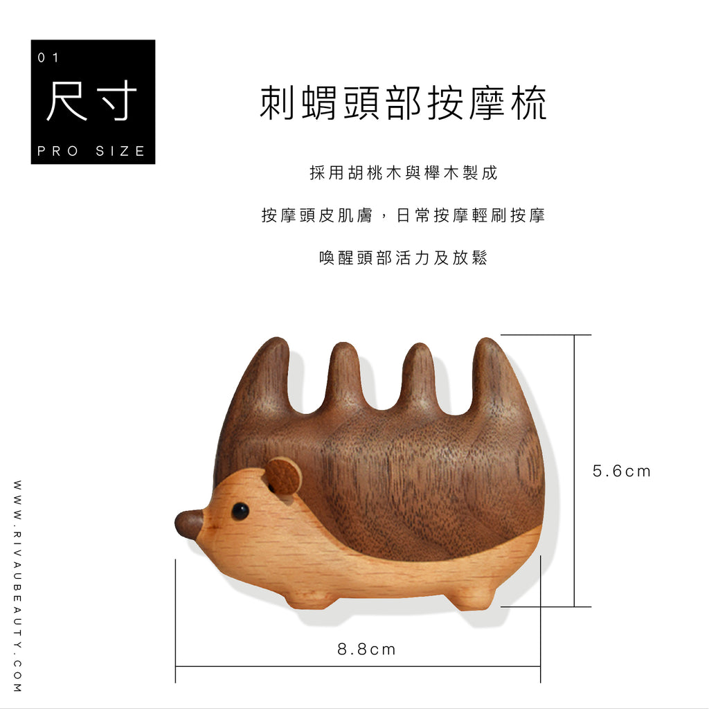 刺蝟頭部按摩梳｜天然胡桃木與櫸木按摩梳
